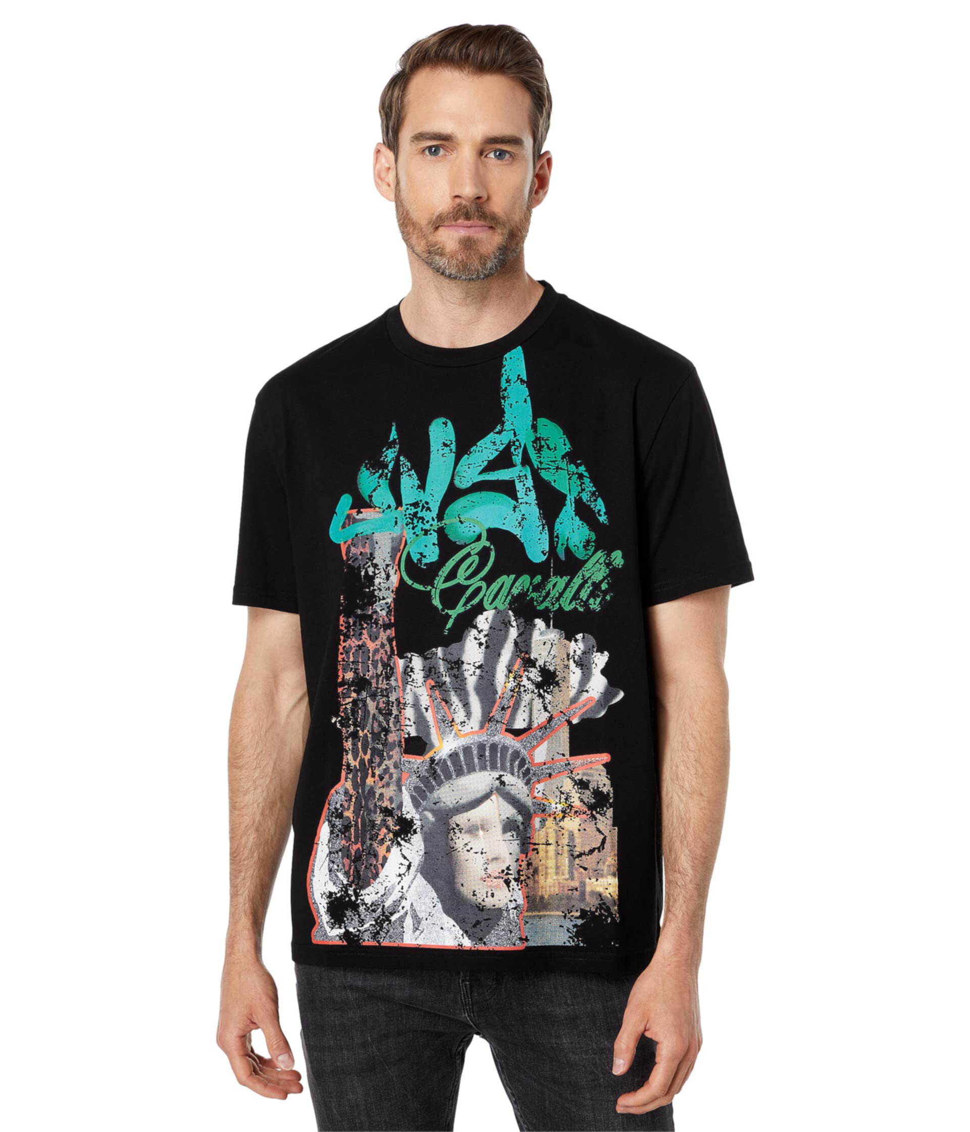 Crew Neck Cotton T-Shirt with "Liberty Graffiti" Graphic Just Cavalli