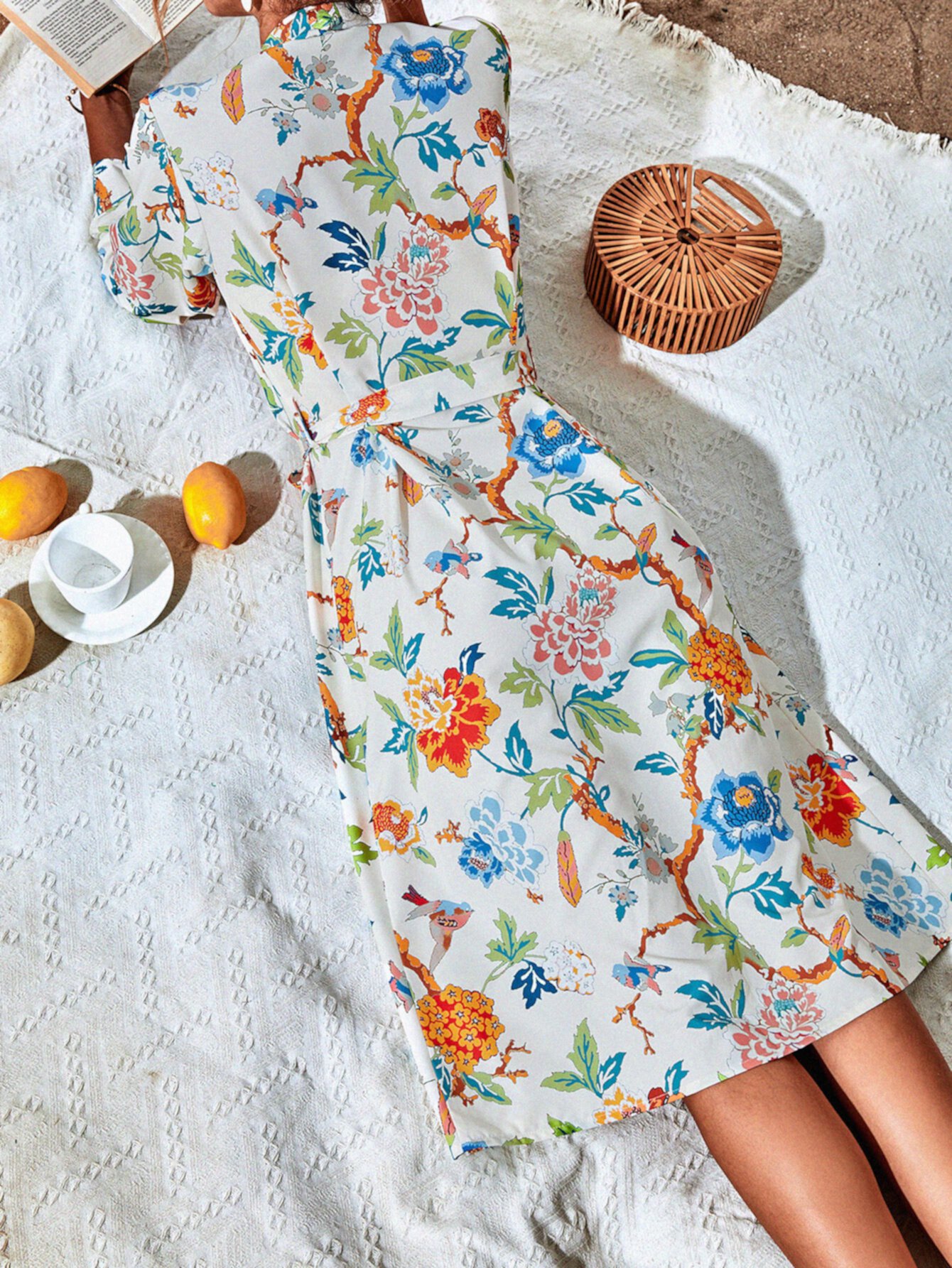 Платье-рубашка с цветочным рисунком & растения с карманом с поясом SHEIN