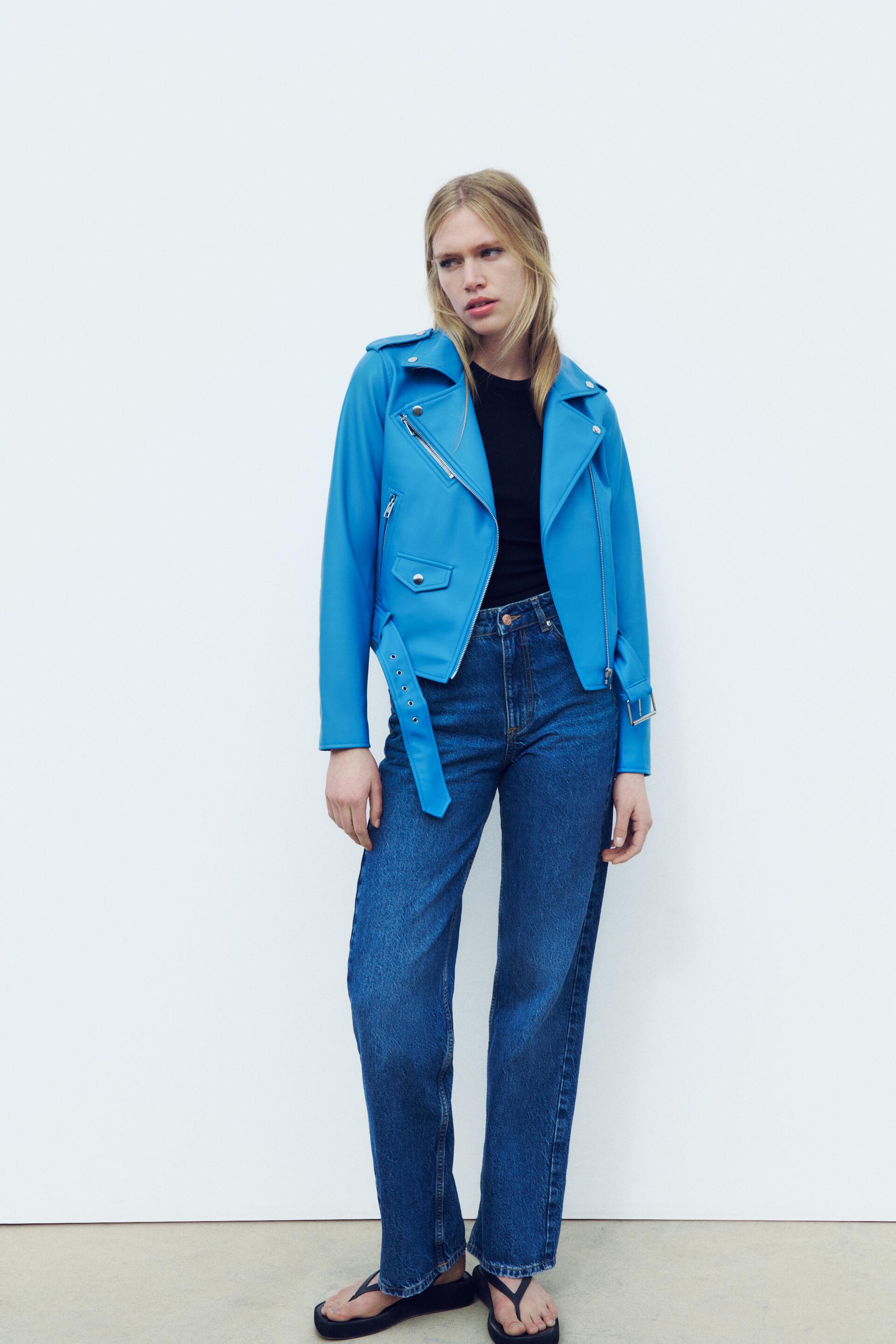 Blue leather store jacket zara