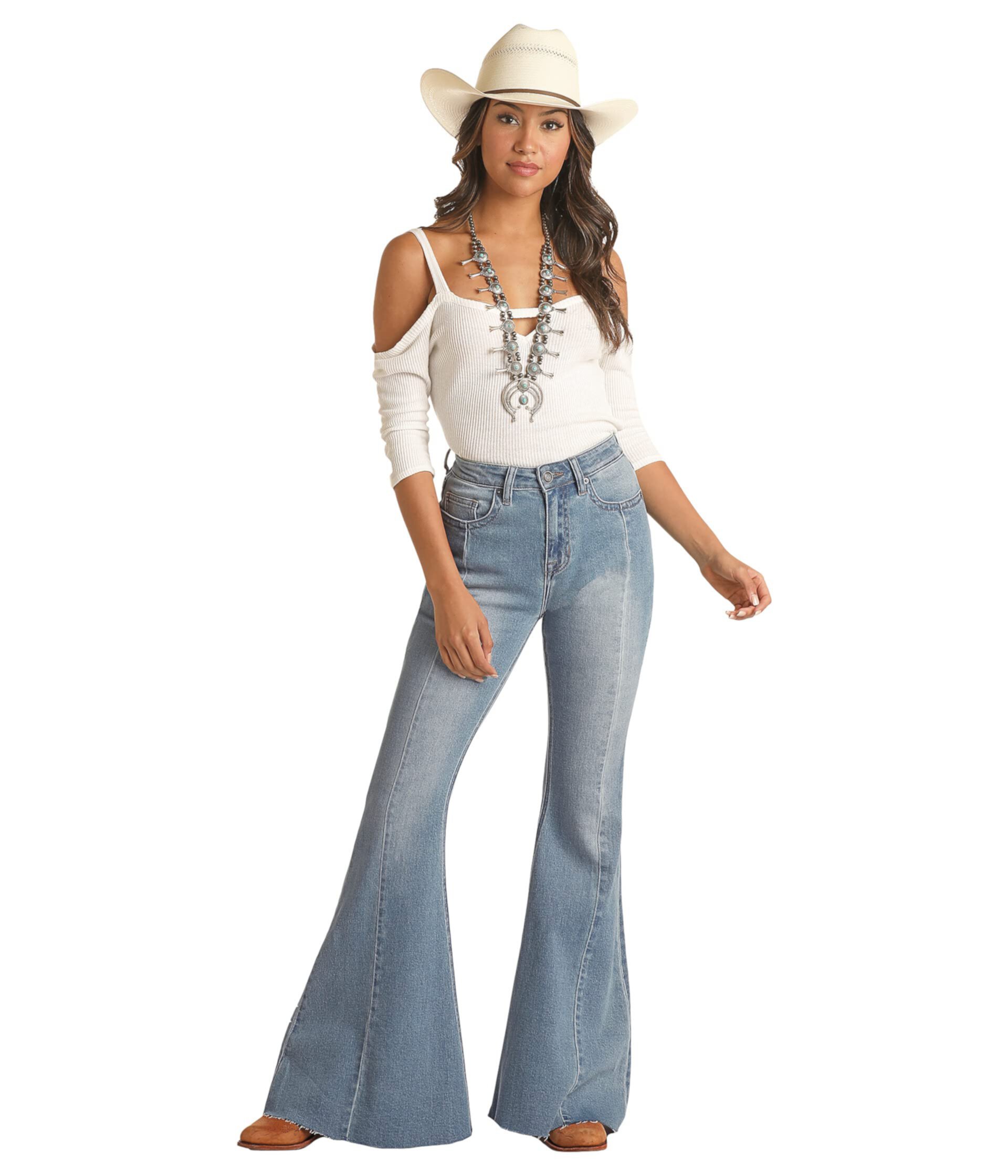 Светлые джинсы клеш с высокой посадкой и эффектом потертости RRWD7HRZTT Rock and Roll Cowgirl