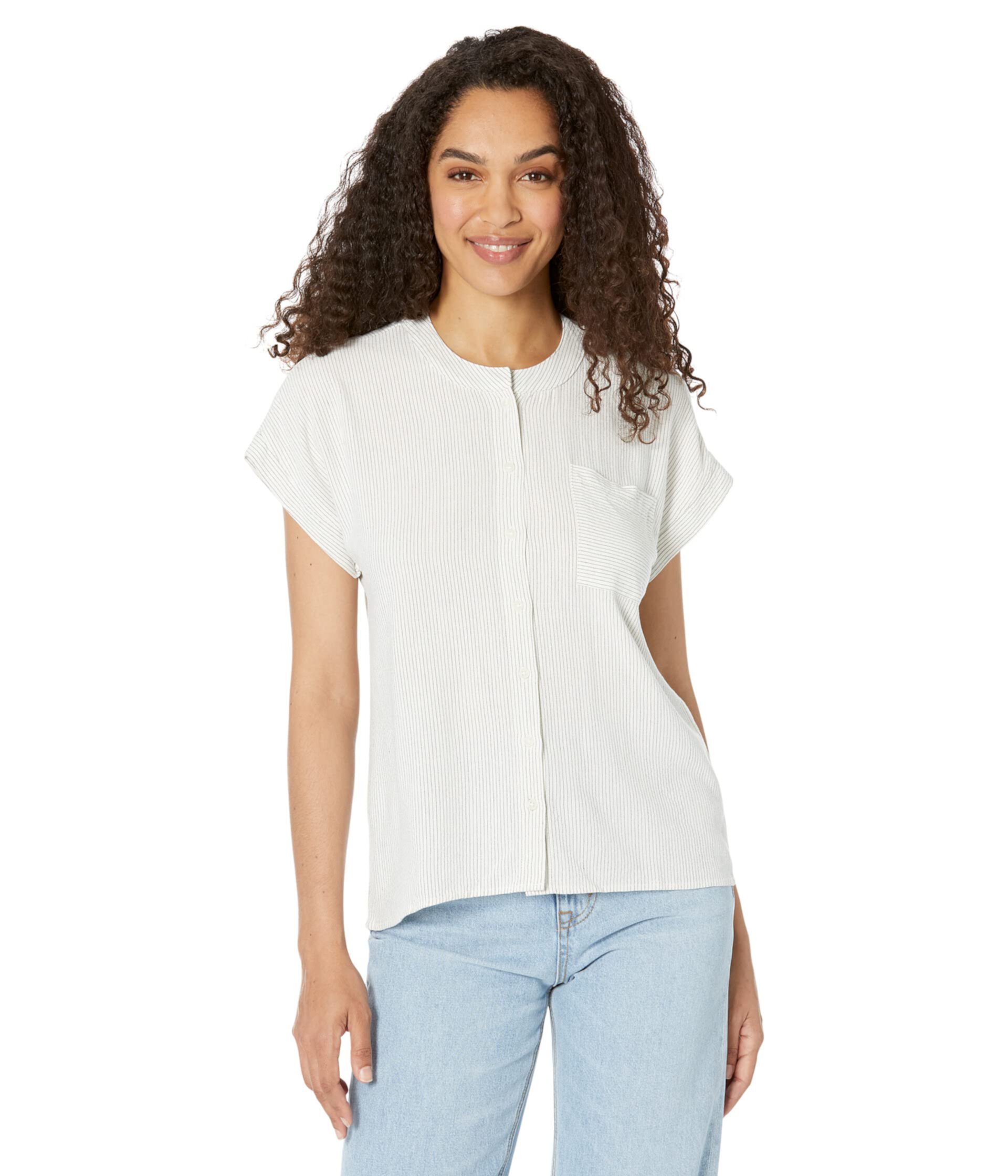 Блузка с короткими рукавами и высоким карманом в тонкую полоску из смеси льна Mod-o-doc