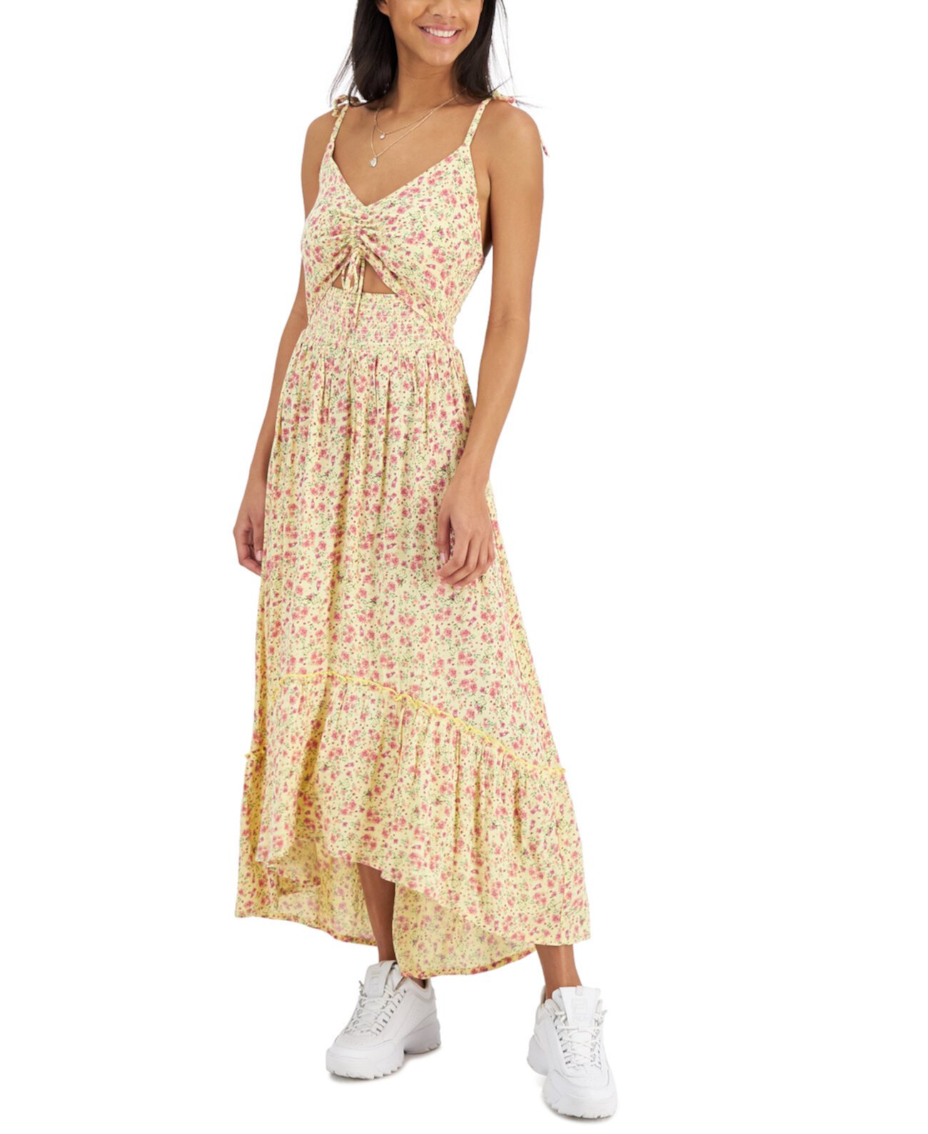 Juniors' Floral-Print High-Low Maxi Dress Vanilla Star