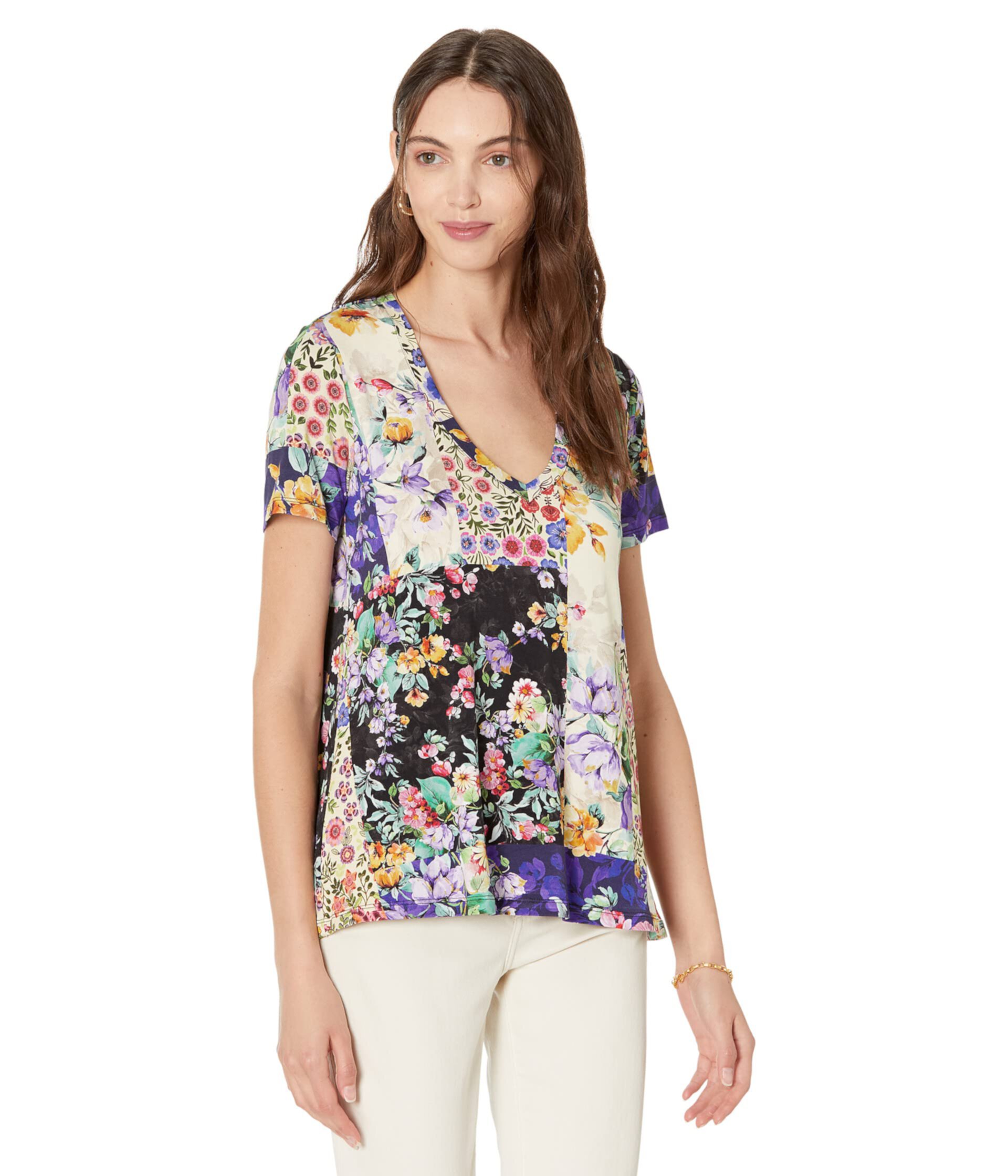 Sky Flower Favorite Short Sleeve V-Neck Swing Tee Johnny Was