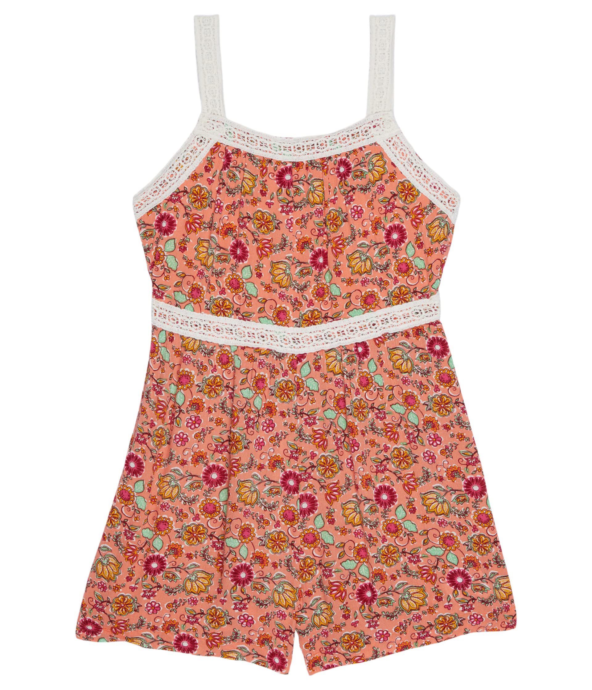 All Over Print with Crochet Lace Romper (Toddler/Little Kids/Big Kids) Peek