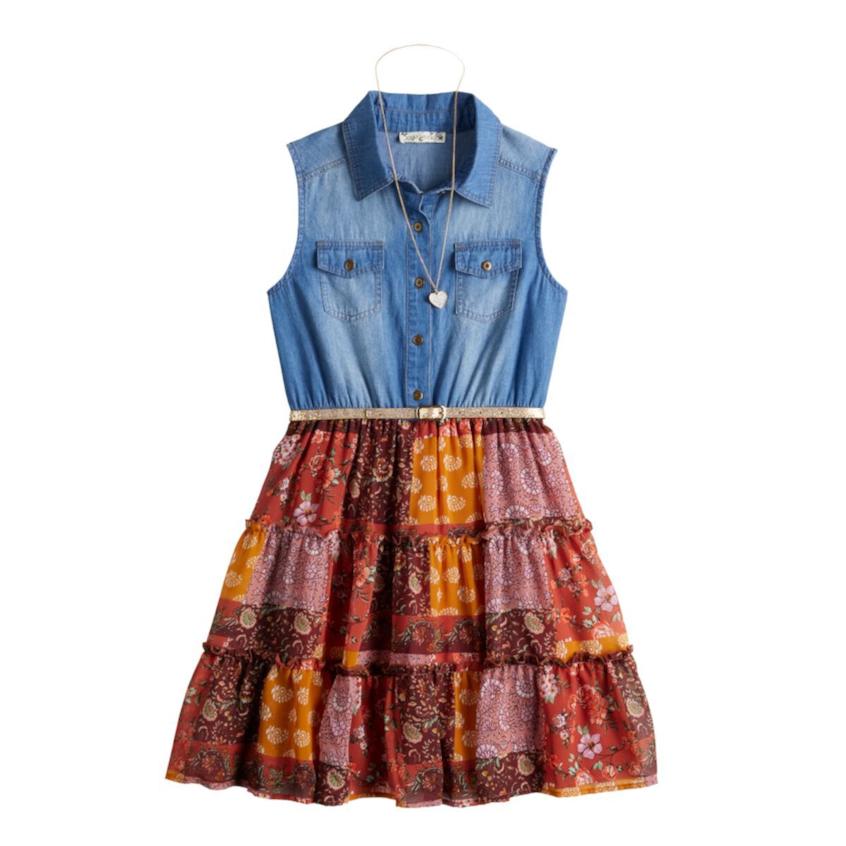 Комплект из джинсового многоярусного платья-рубашки Knit Works для девочек 4–16 лет, пояса и колье Reg & Plus Knit Works