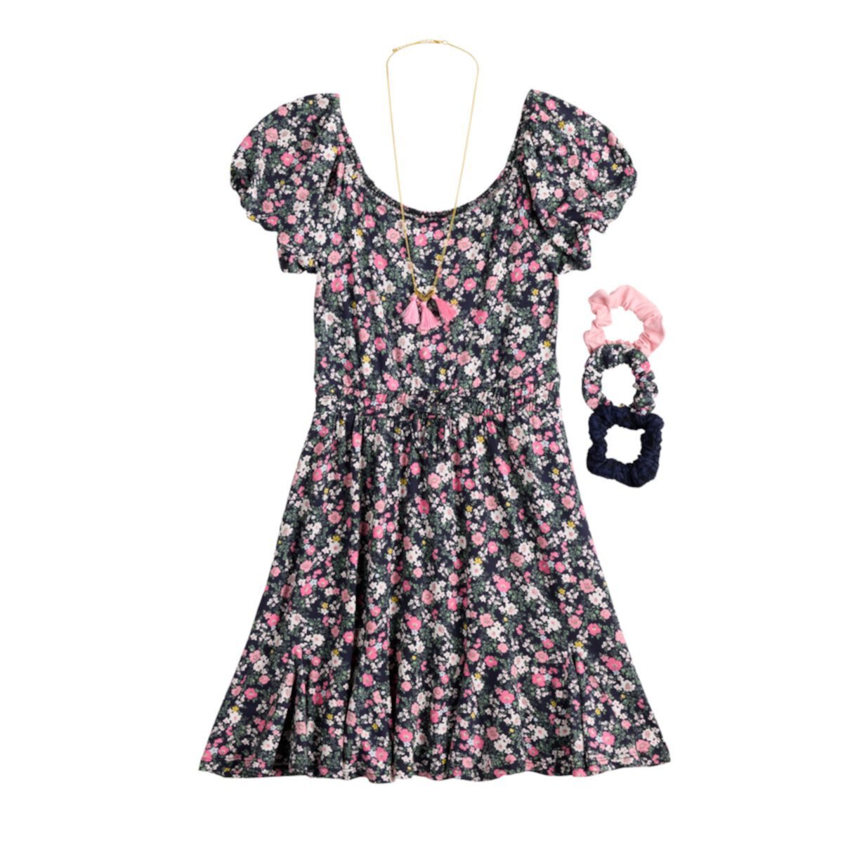 Платье, колье и резинка для волос для девочек 7–16 лет с пышными рукавами и цветочным принтом Three Pink Hearts, стандартный и большой размер Three Pink Hearts