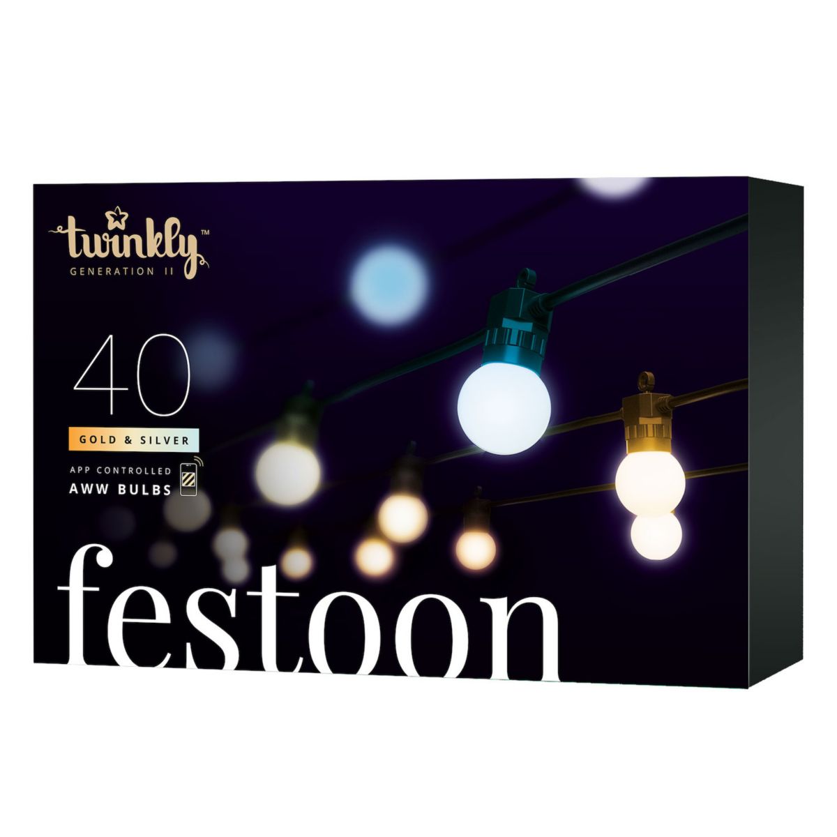 Светодиодные лампы Twinkly Festoon Smart 40 AWW, шнур 66 футов, черный кабель, поколение II Twinkly