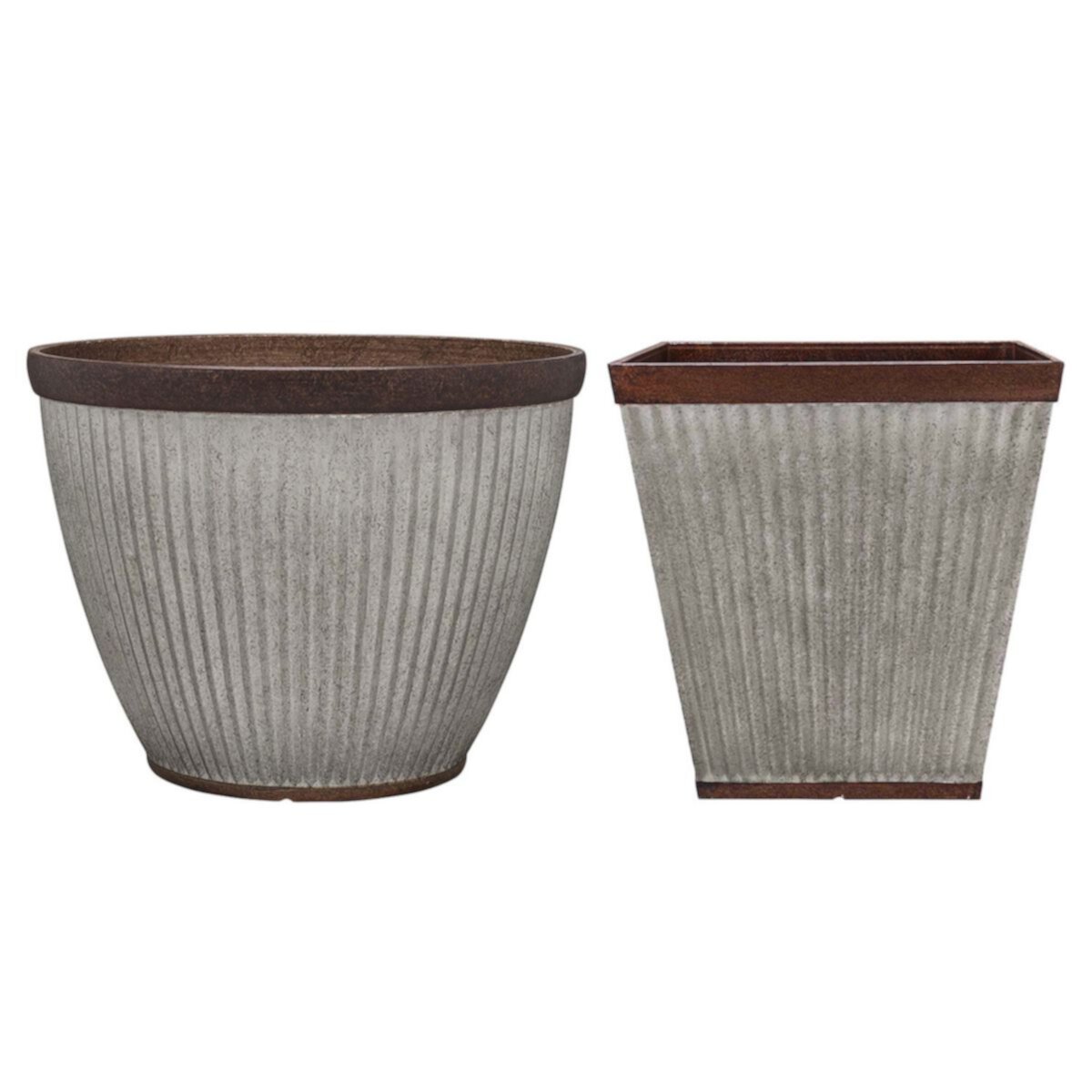 Southern Patio HDR-046868 20.5 Inch Diameter Rustic Resin Outdoor Planter Urn + Southern Patio HDR-046851 16 Inch Square Rustic Resin Outdoor Box Flower Planter Southern Patio