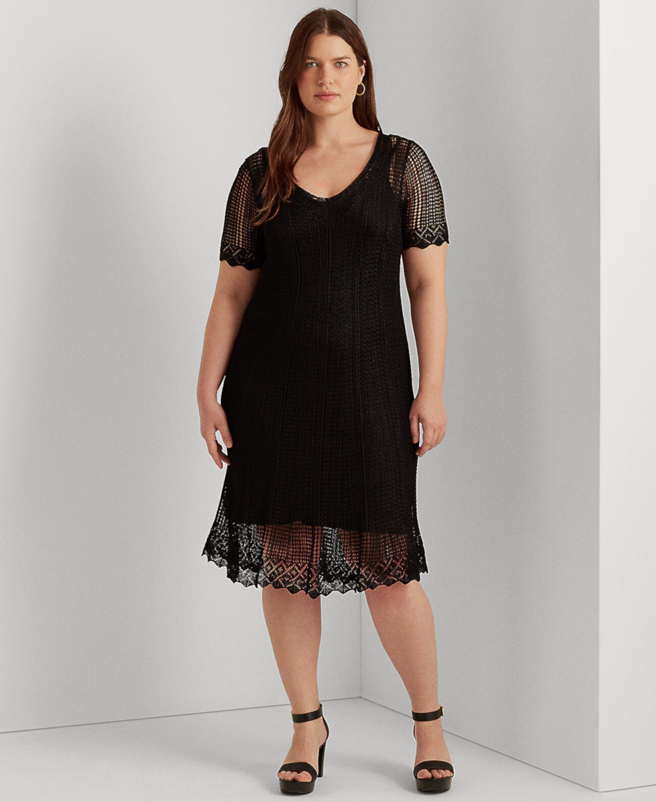 Платье больших размеров с короткими рукавами и пуантелями Ralph Lauren
