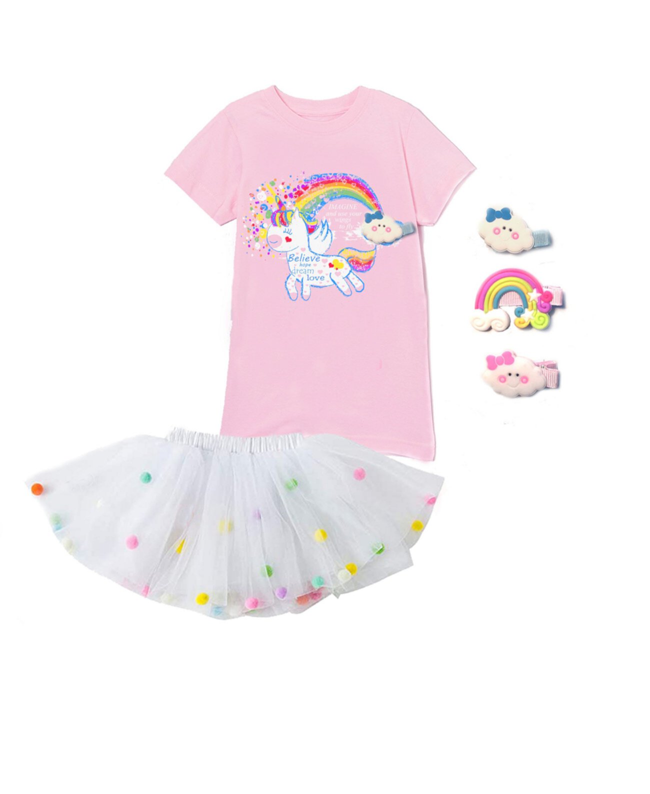 Big Girls Interchangeable Unicorn and Cloud Graphic Top and Skirt Set, 5 Piece Mi Amore Gigi