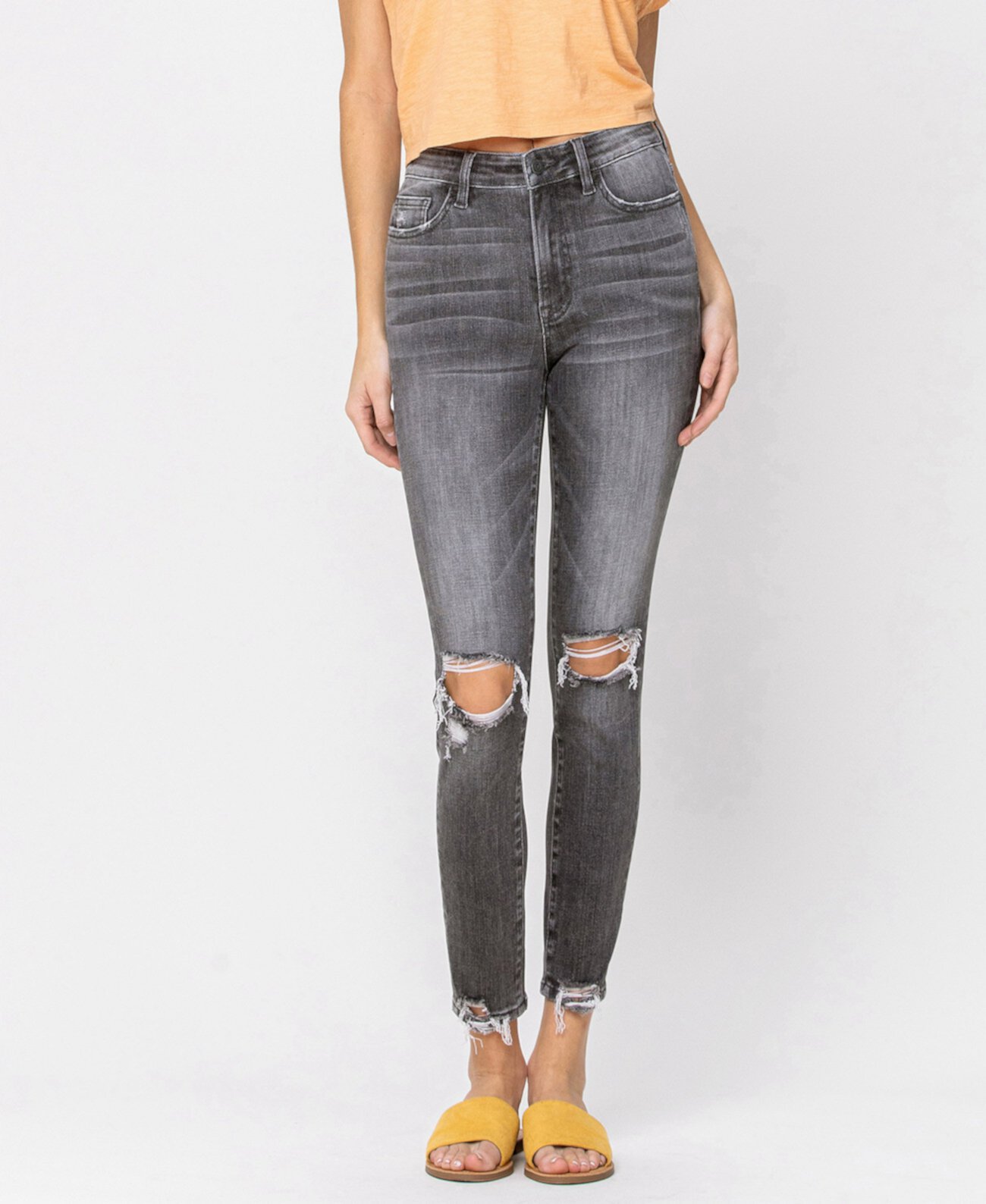 Женские укороченные джинсы скинни с высокой посадкой и эффектом потертости VERVET