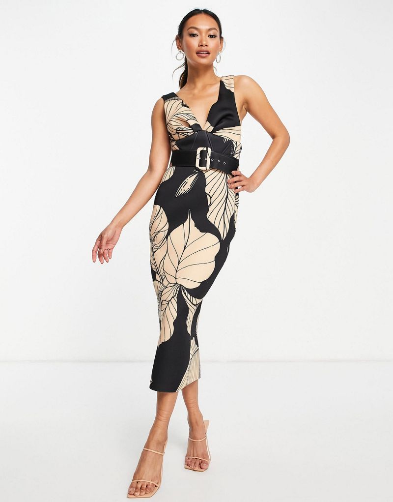 Платье миди с V-образным вырезом и принтом в виде листьев ASOS DESIGN ASOS DESIGN