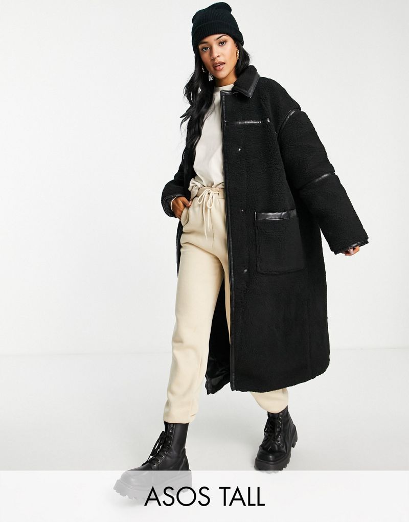 Черное флисовое пальто макси с лакированной окантовкой ASOS DESIGN Tall ASOS Tall