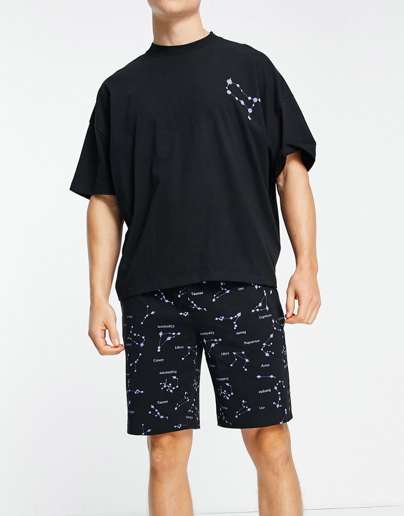 Черный пижамный комплект из футболки и шорт со знаком зодиака ASOS DESIGN Lounge ASOS DESIGN