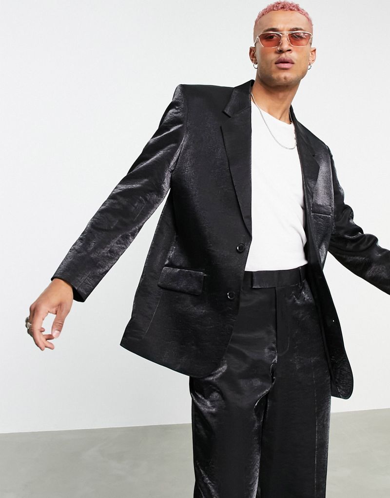 Черный пиджак из блестящей ткани с плечами ASOS DESIGN Power ASOS DESIGN