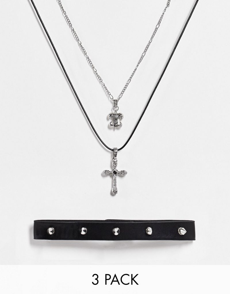 Комплект из трех полированных серебряных крестиков-крестиков ASOS DESIGN с колье с шипами ASOS DESIGN