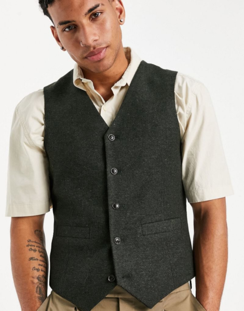 ASOS DESIGN super skinny wool mix suit vest in khaki tweed ASOS DESIGN