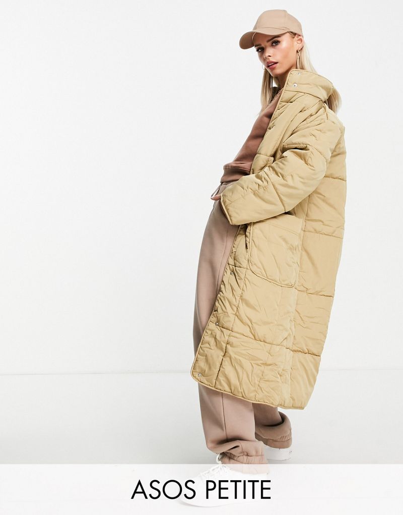 Длинное стеганое пальто светло-коричневого цвета ASOS DESIGN Petite ASOS Petite