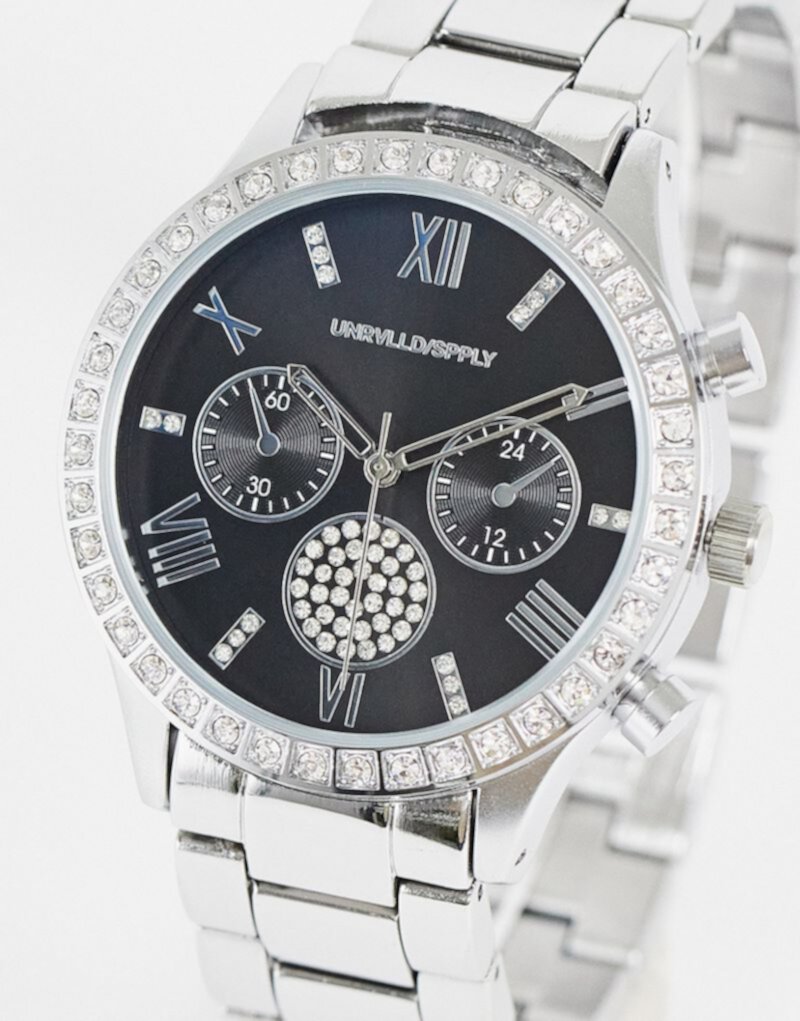 Часы-браслет ASOS DESIGN с черным циферблатом и кристаллами серебристого цвета ASOS DESIGN