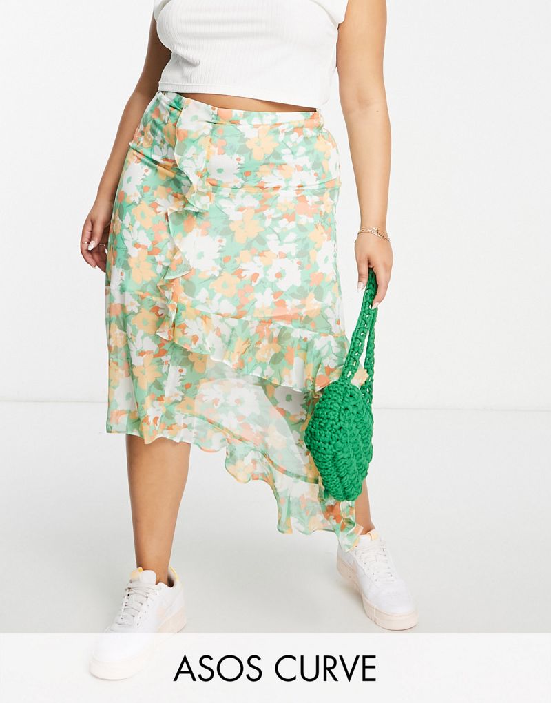 Персиковая юбка миди с оборками и абстрактным цветочным принтом ASOS DESIGN Curve ASOS DESIGN