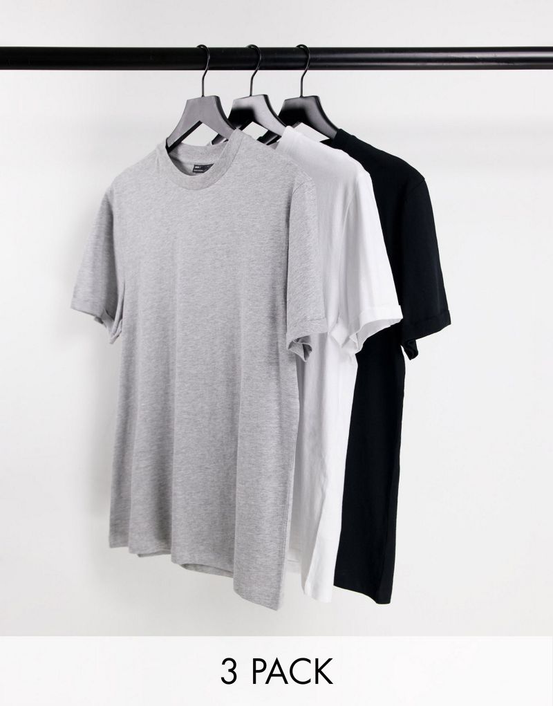 Мужской тройной комплект футболок ASOS DESIGN с круглым вырезом и закатанными рукавами в серо-меланжевом, белом и черном цветах ASOS DESIGN