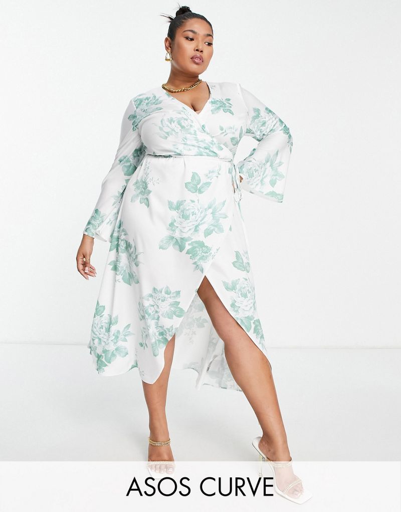 Эксклюзивное бело-зеленое атласное платье с запахом и завязкой на талии ASOS DESIGN Curve ASOS Curve