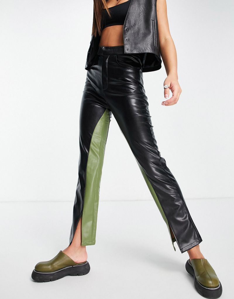 Контрастные брюки Amy Lynn из искусственной кожи черного и лаймового цветов Amy Lynn