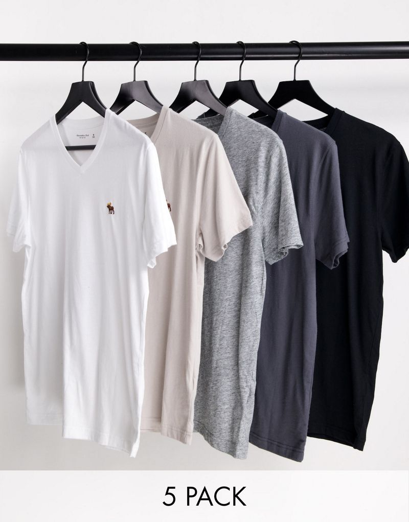 Набор из пяти футболок с v-образным вырезом и 3D-логотипом Abercrombie & Fitch белого/бежевого/серого/черного цвета Abercrombie & Fitch