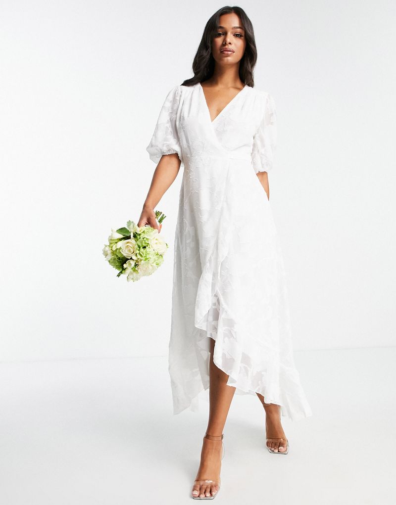 Белое жаккардовое платье миди с запахом, рукавами-фонариками и рюшами Blume Bridal Blume Bridal