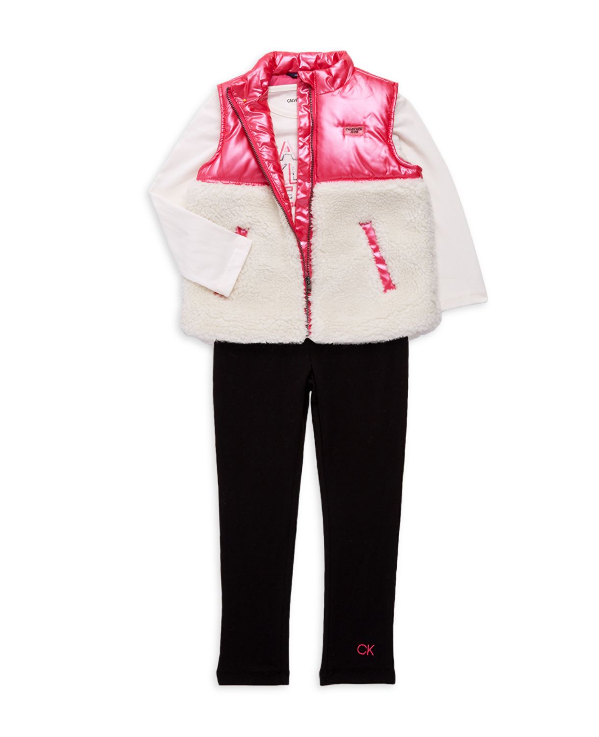 Футболка, брюки и брюки Baby Girl из 3 предметов с логотипом Пуховик из искусственного меха Calvin Klein