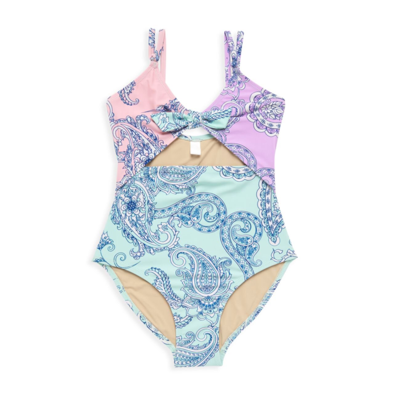 Girl's UPF 50+ Monokini Paisley Colorblock-Print Swimsuit Shade critters