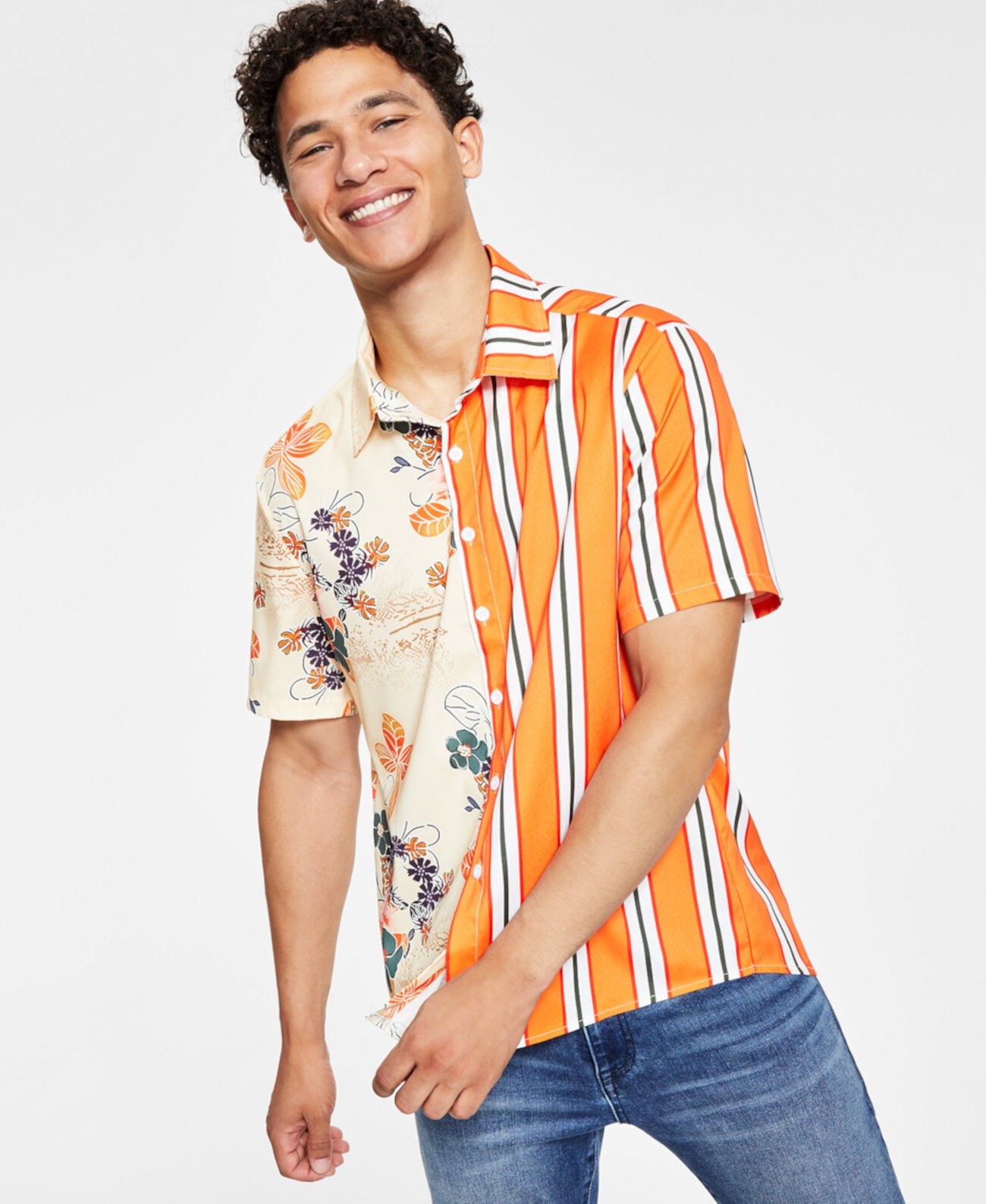 Мужская рубашка в цветочную полоску с цветными блоками Denim Bay
