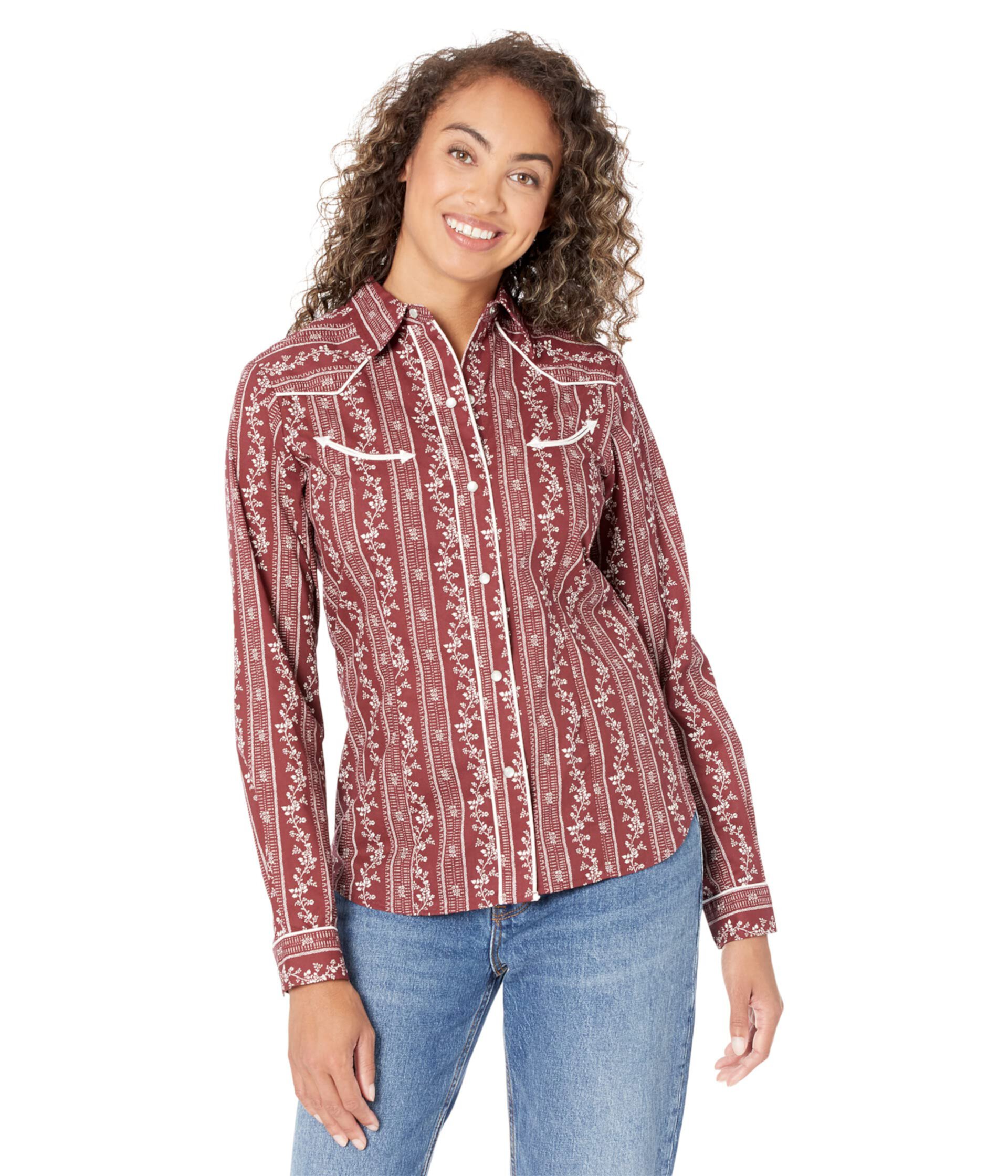 Хлопковая/полиэфирная кирпично-красная и кремовая блуза в полоску с обоями в стиле вестерн и кнопками Roper