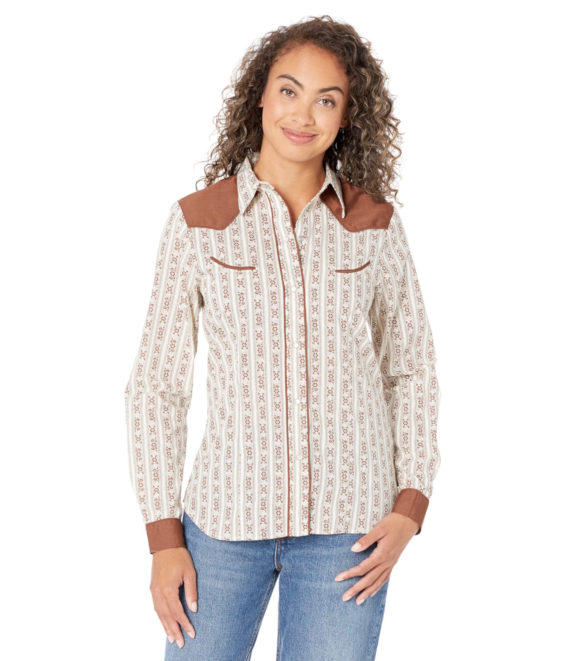 Блузка в стиле вестерн с контрастной контрастной кокеткой кремового и коричневого цветов в полоску Roper