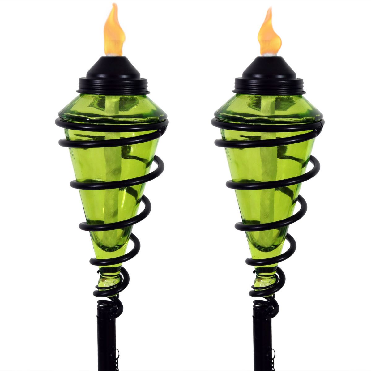 Sunnydaze 2-in-1 Swirling Metal Glass Outdoor Lawn Torch - Set of 2 - Green Sunnydaze Decor