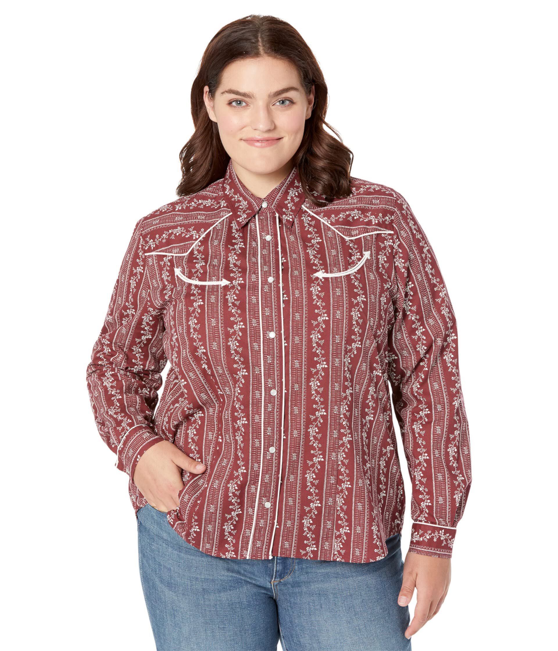 Plus Size Cotton/Poly Brick Red & Cream Wallpaper Stripe Western Blouse w/ Snaps Roper