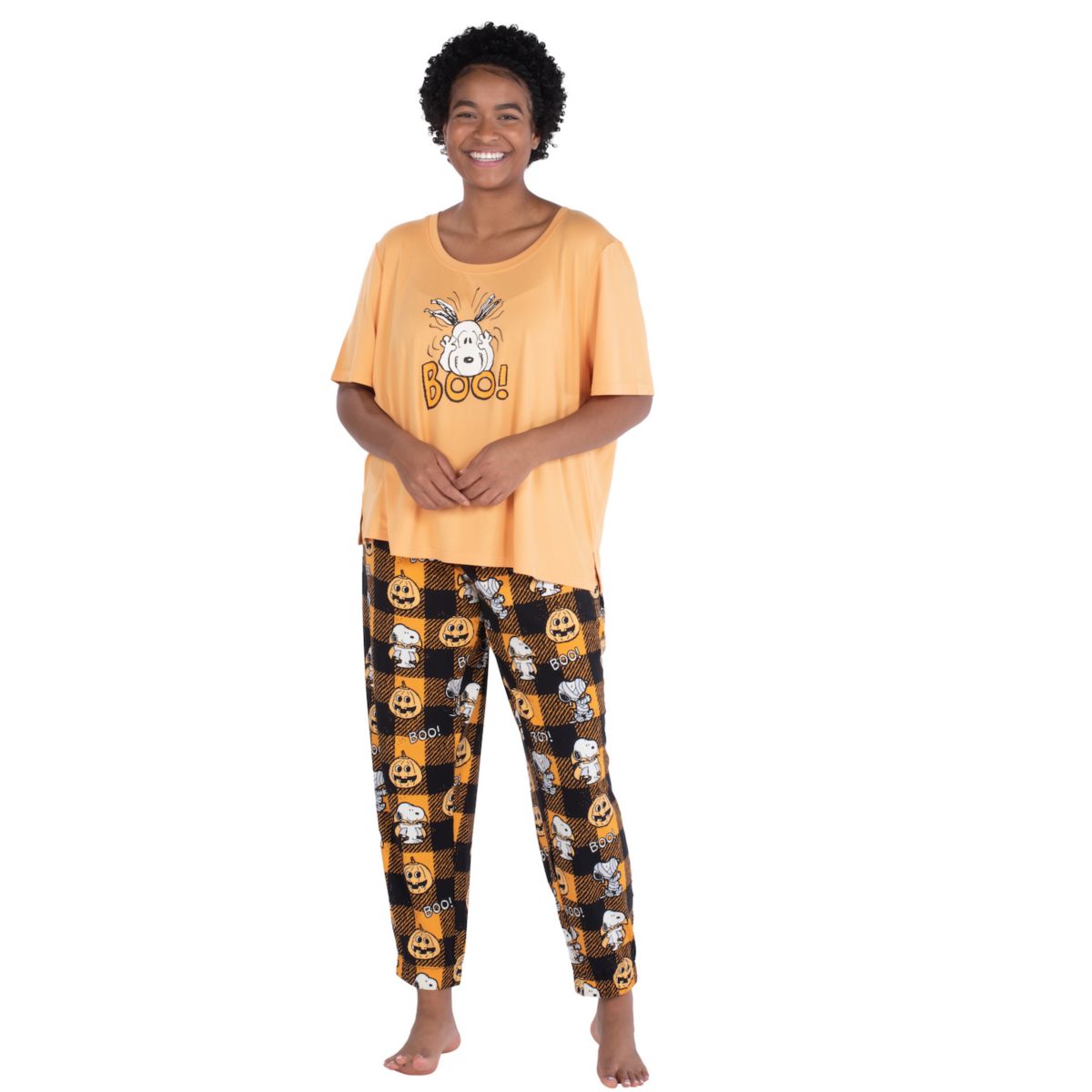 Plus Size Nite Nite by Munki Munki Snoopy Halloween Short Sleeve Pajama Top & Banded Bottom Pajama Pants Sleep Set Nite Nite by Munki Munki