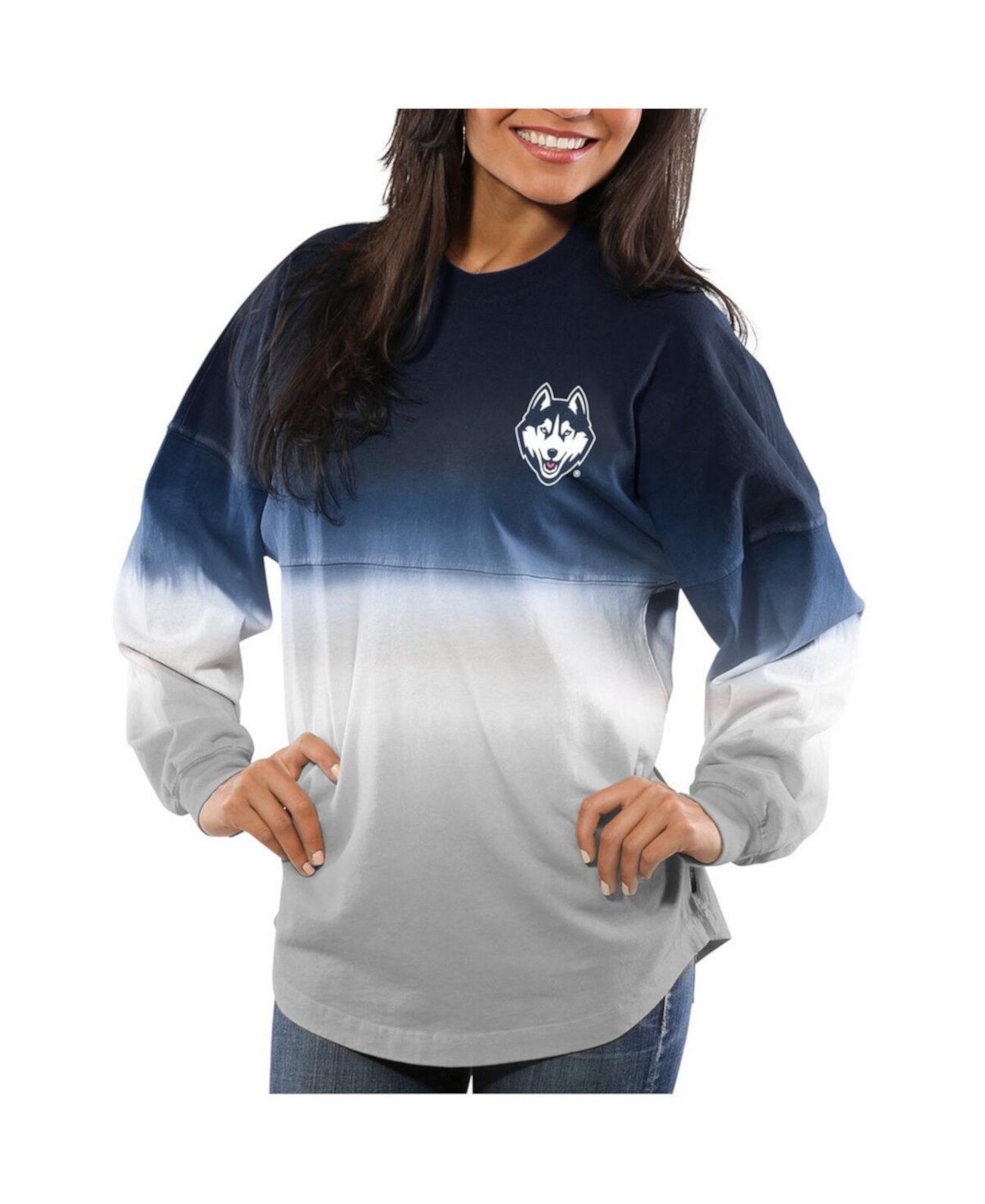 Женский темно-синий джерси UConn Huskies с длинными рукавами и омбре, окрашенный погружением в духи Spirit Jersey