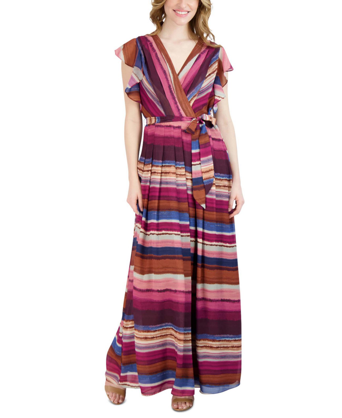 Женское макси-платье в акварельную полоску с развевающимися рукавами Donna Ricco