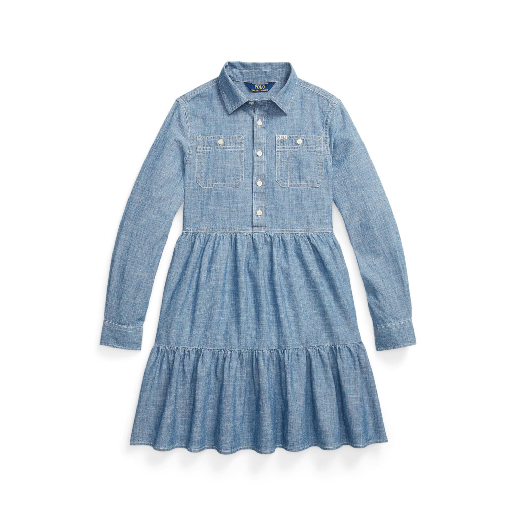 Многоуровневое платье-рубашка из шамбре (для больших детей) Polo Ralph Lauren