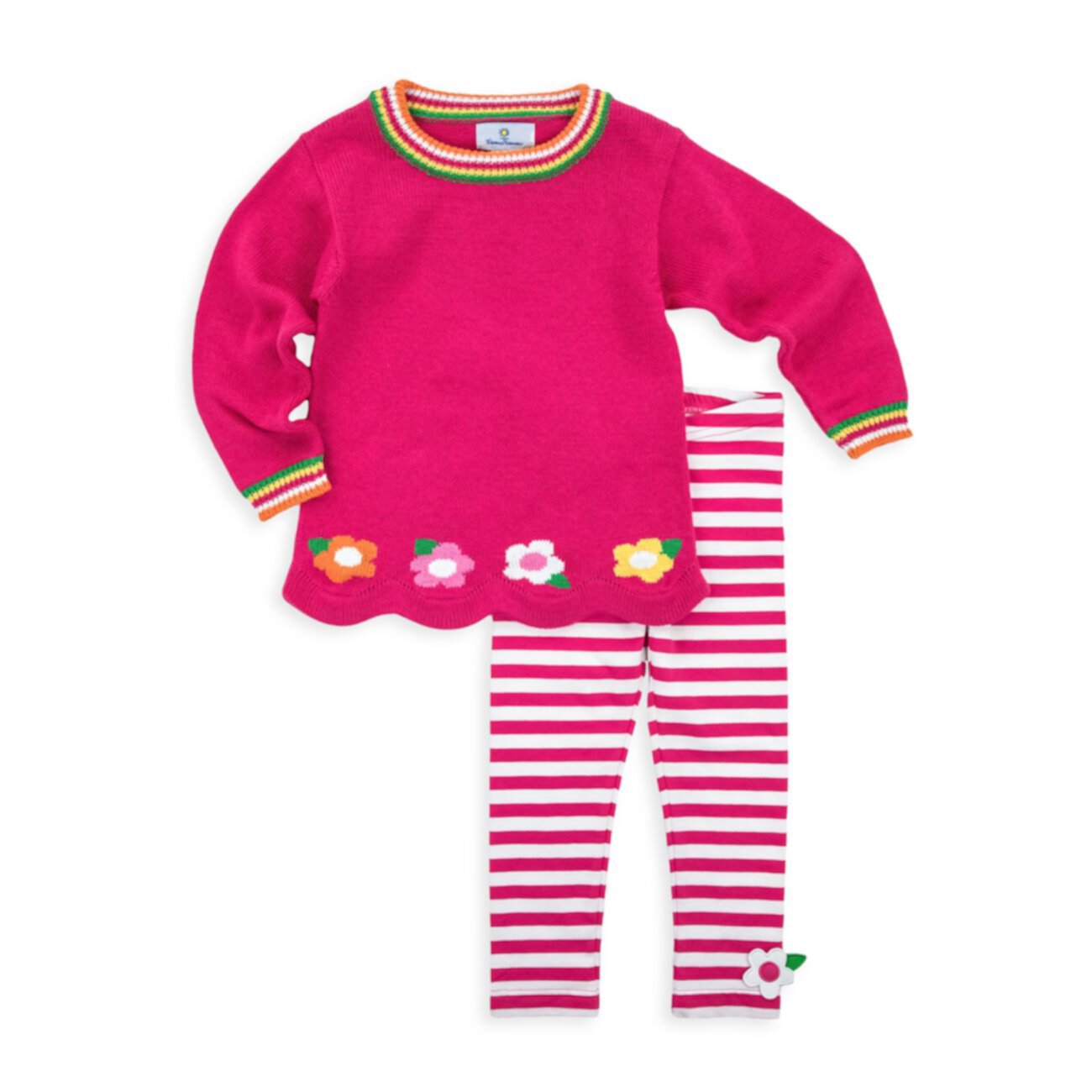 Двухсекционный свитер с цветочной отделкой и фестонами для маленькой девочки и amp; Комплект полосатых леггинсов Florence Eiseman
