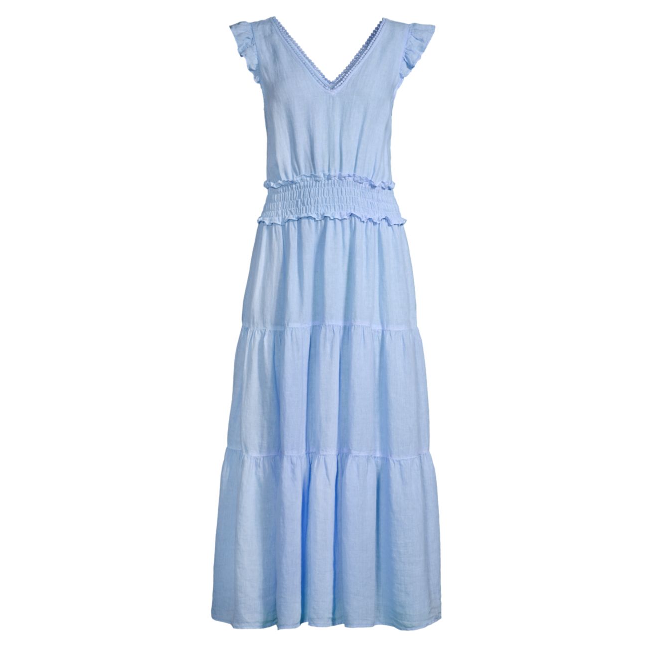 Многоуровневое льняное платье с рукавами-крылышками 120% Lino