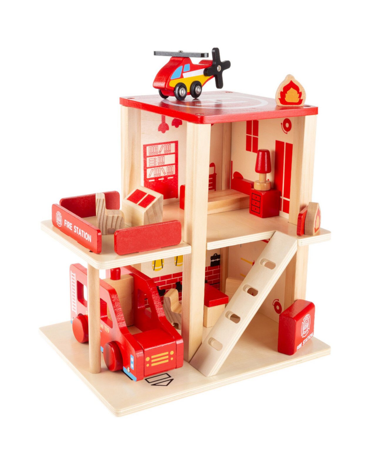 Игровой набор Hey Play Fire Station — деревянная пожарная часть, грузовик, вертолет и забавные аксессуары для пожаротушения, 3-уровневый кукольный домик для ролевых игр Trademark Global