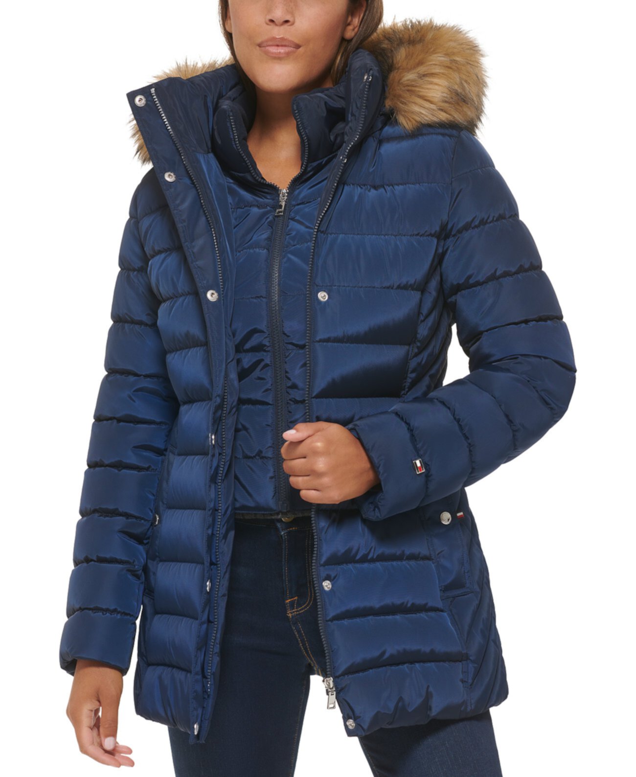 Женское пуховое пальто с капюшоном и отделкой из искусственного меха, созданное для Macy's Tommy Hilfiger
