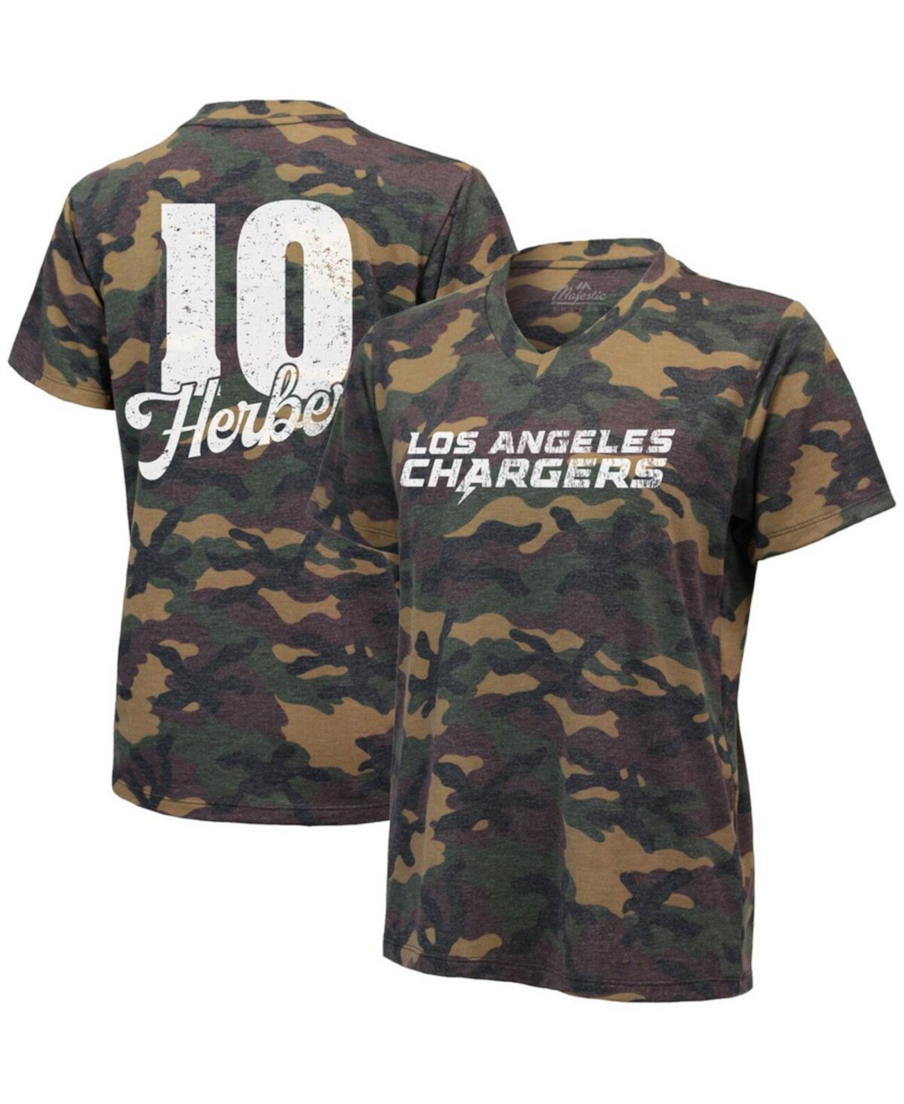 Женская футболка Justin Herbert Camo Los Angeles Chargers с именем и номером Tri-Blend с v-образным вырезом Industry Rag
