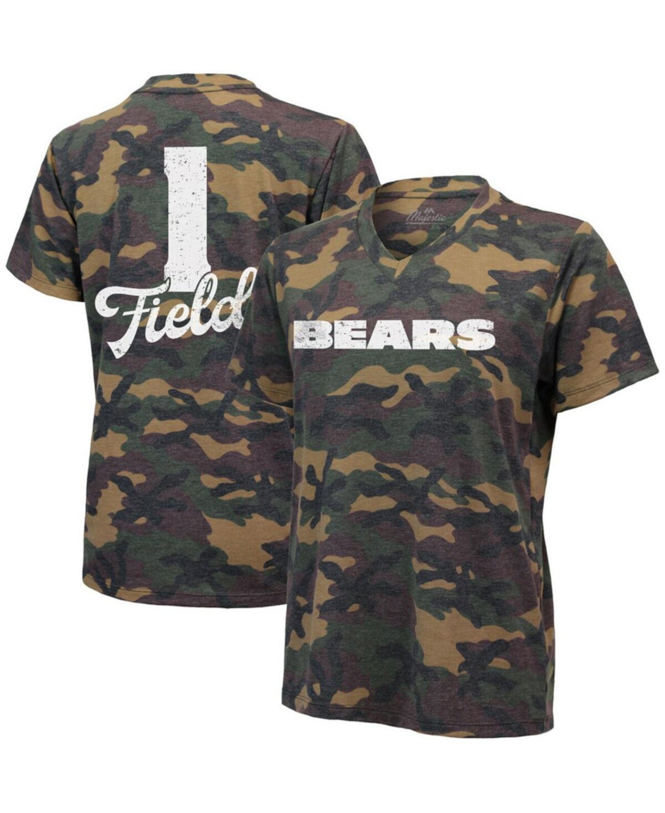Женская камуфляжная футболка Justin Fields Chicago Bears Name and Number с v-образным вырезом Industry Rag
