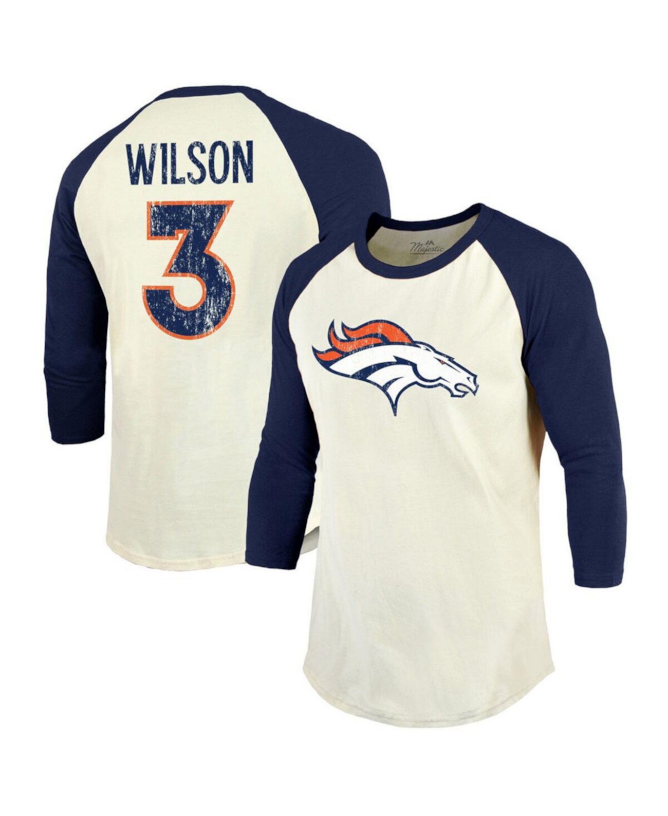 Мужская футболка Threads Russell Wilson кремово-темно-синего цвета Denver Broncos с именем и номером реглан с рукавами 3/4 Majestic