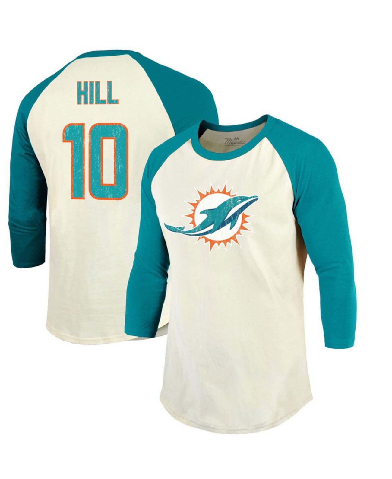 Мужская футболка Tyreek Hill Cream, Aqua Miami Dolphins с именем и номером и номером реглан с рукавами 3/4 Majestic