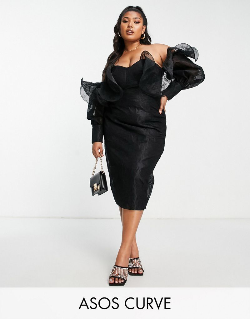 Черное кружевное платье миди с открытыми плечами ASOS LUXE Curve ASOS Luxe