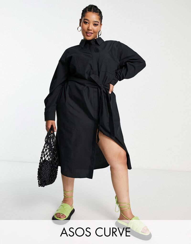 Черное платье-рубашка миди со съемным поясом ASOS DESIGN Curve Edit ASOS Curve